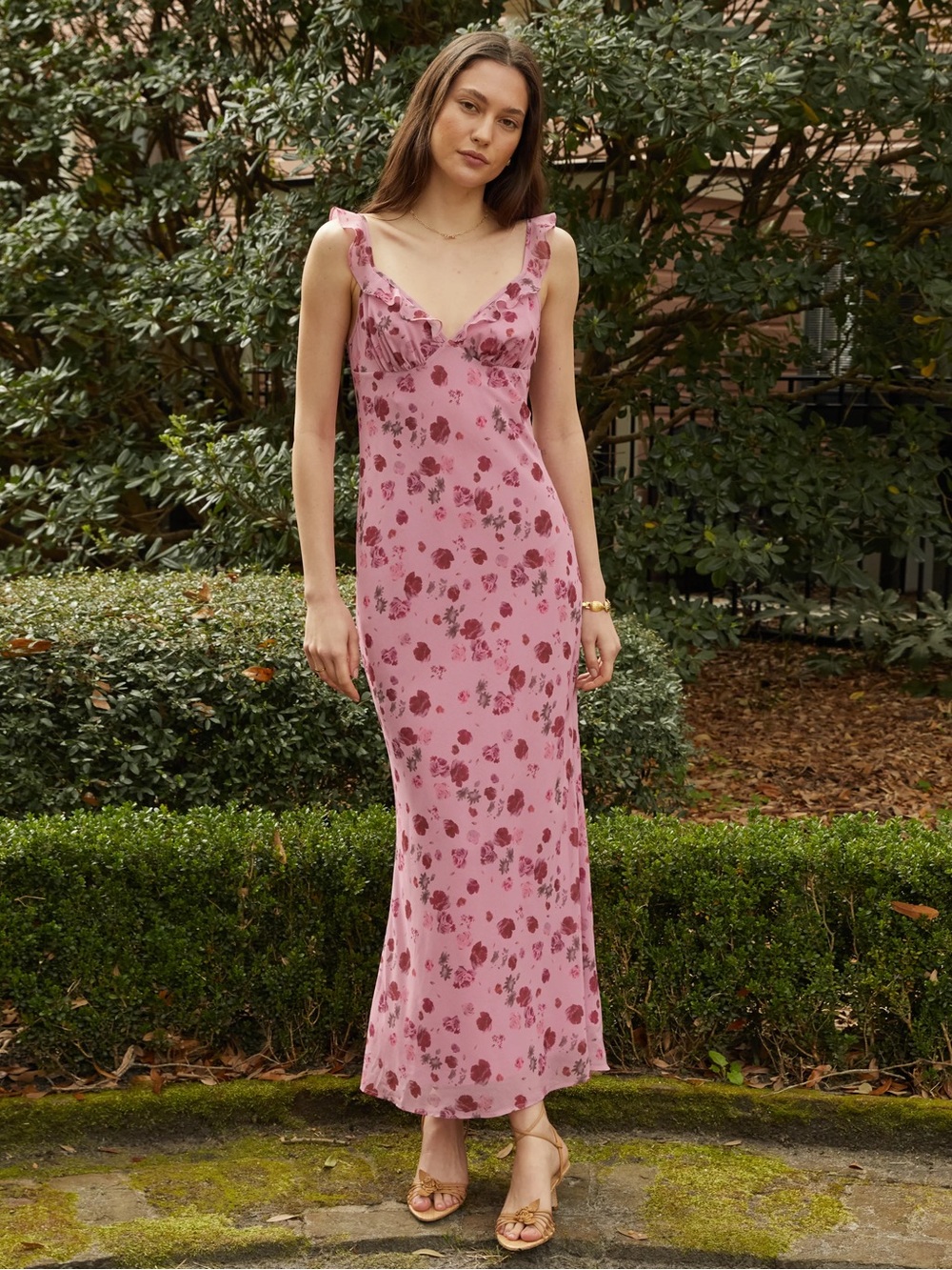 Pink Floral Maxi Slip Dress with Ruffle Straps